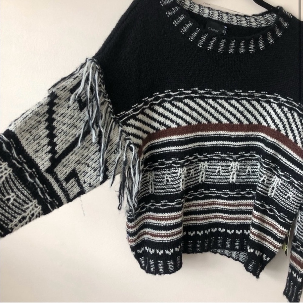 Anthropologie Cliche’ NWT Black and White Fringe Sweater Large
